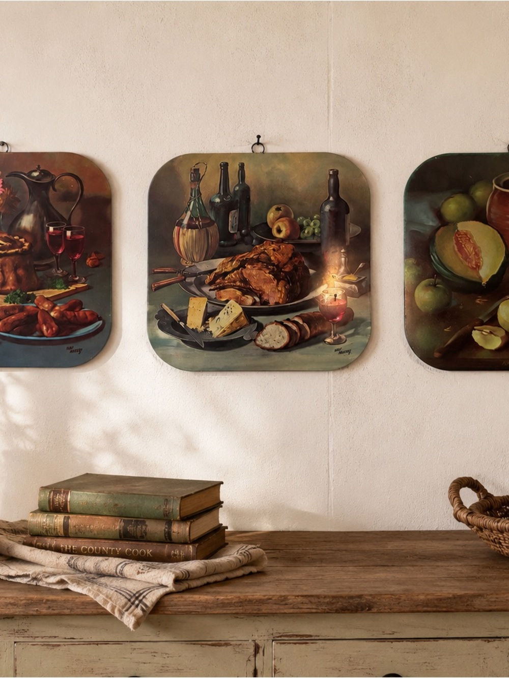 Vintage 1960’s Worcester Ware Tin Wall Plaques Feature Still Life Oil Paintings